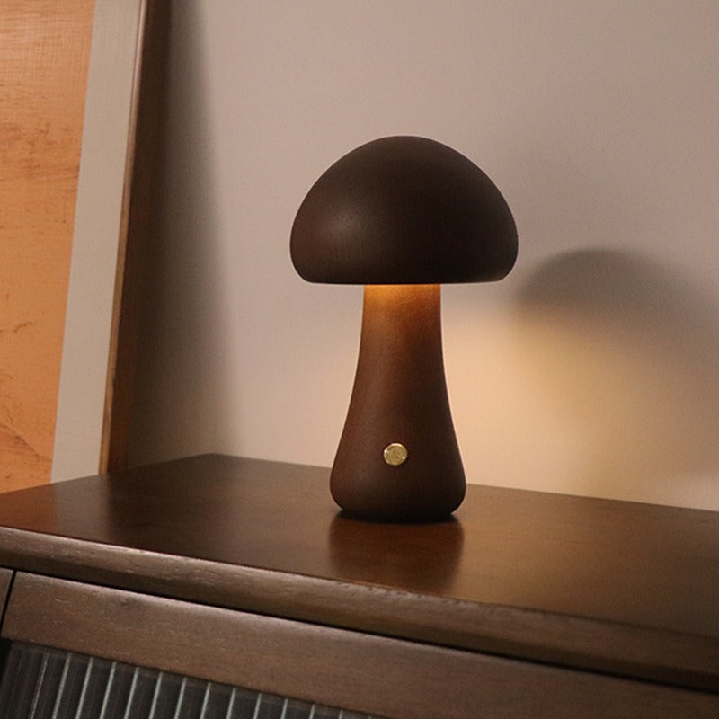Dark Brown Solid Wood Mushroom LED Table Lamp - Rechargeable Touch Control Bedside Night Light (Large)-0