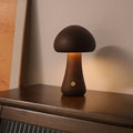 Dark Brown Solid Wood Mushroom LED Table Lamp - Rechargeable Touch Control Bedside Night Light (Large)-0