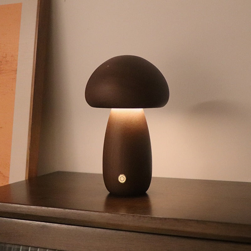 Dun-dun Model Dark Brown Solid Wood Mushroom LED Table Lamp - Rechargeable Touch Control Bedside Night Light (Large)-0