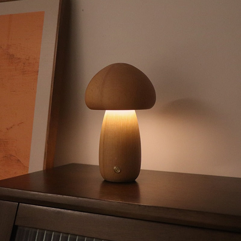 Dun-dun Model Brown Solid Wood Mushroom LED Table Lamp - Rechargeable Touch Control Bedside Night Light (Large)-0