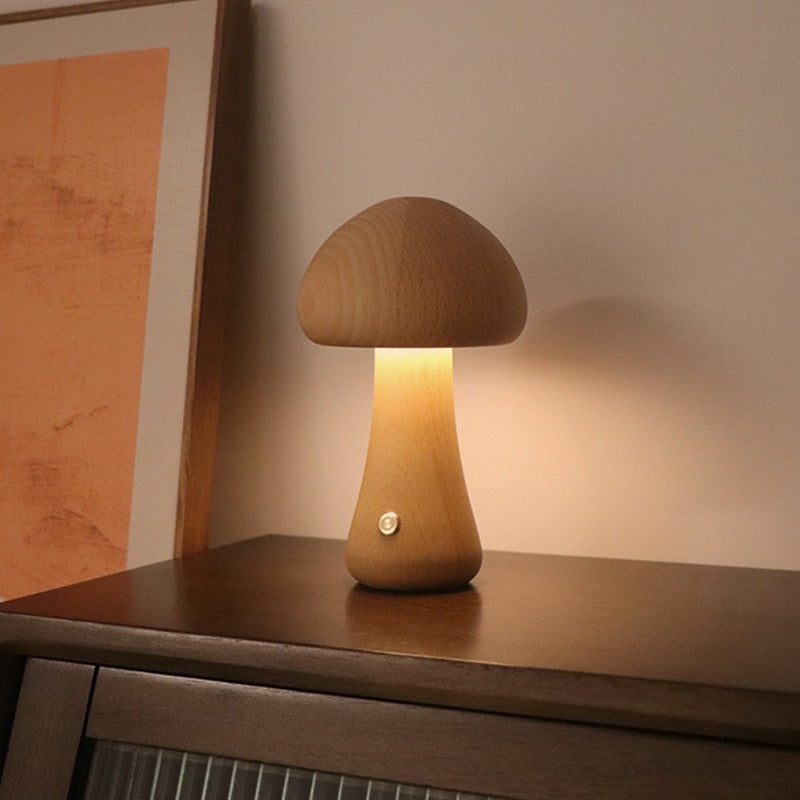 Brown Solid Wood Mushroom LED Table Lamp - Rechargeable Touch Control Bedside Night Light (Large)-0